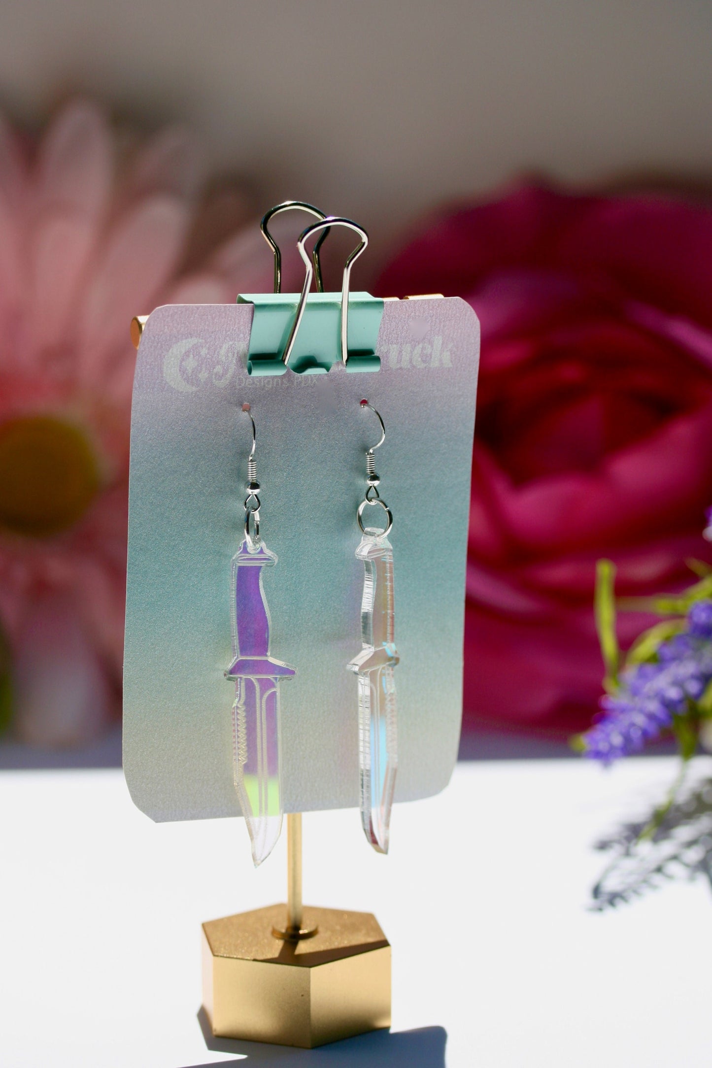 Knife Earrings - Dagger Weapon Sword Iridescent Holographic Tool Cutter Reflective Dangle Goth Fantasy Rainbow Lasercut