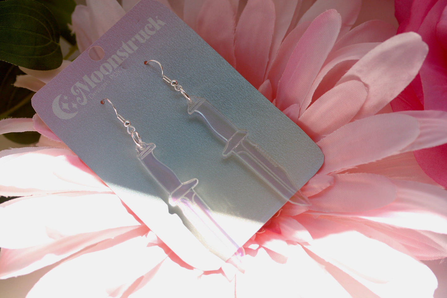Knife Earrings - Dagger Weapon Sword Iridescent Holographic Tool Cutter Reflective Dangle Goth Fantasy Rainbow Lasercut
