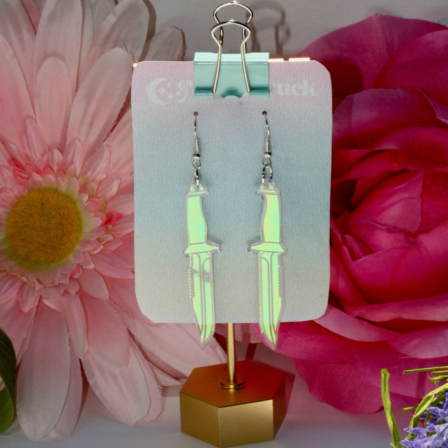 Knife Earrings - Dagger Weapon Sword Iridescent Holographic Tool Cutter Reflective Dangle Goth Fantasy Rainbow Lasercut