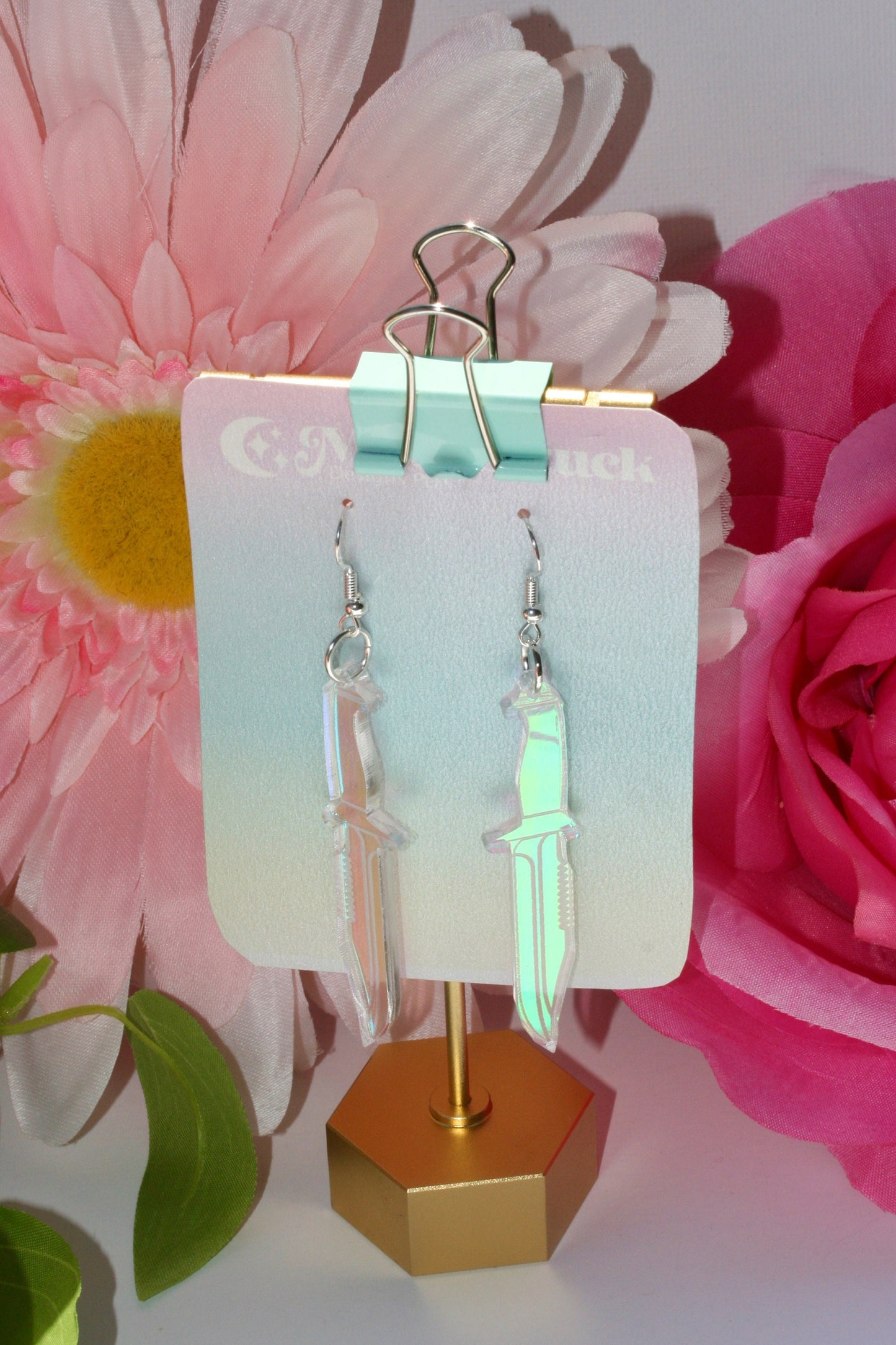 Knife Earrings - Dagger Weapon Sword Iridescent Holographic Tool Cutter Reflective Dangle Goth Fantasy Rainbow Lasercut