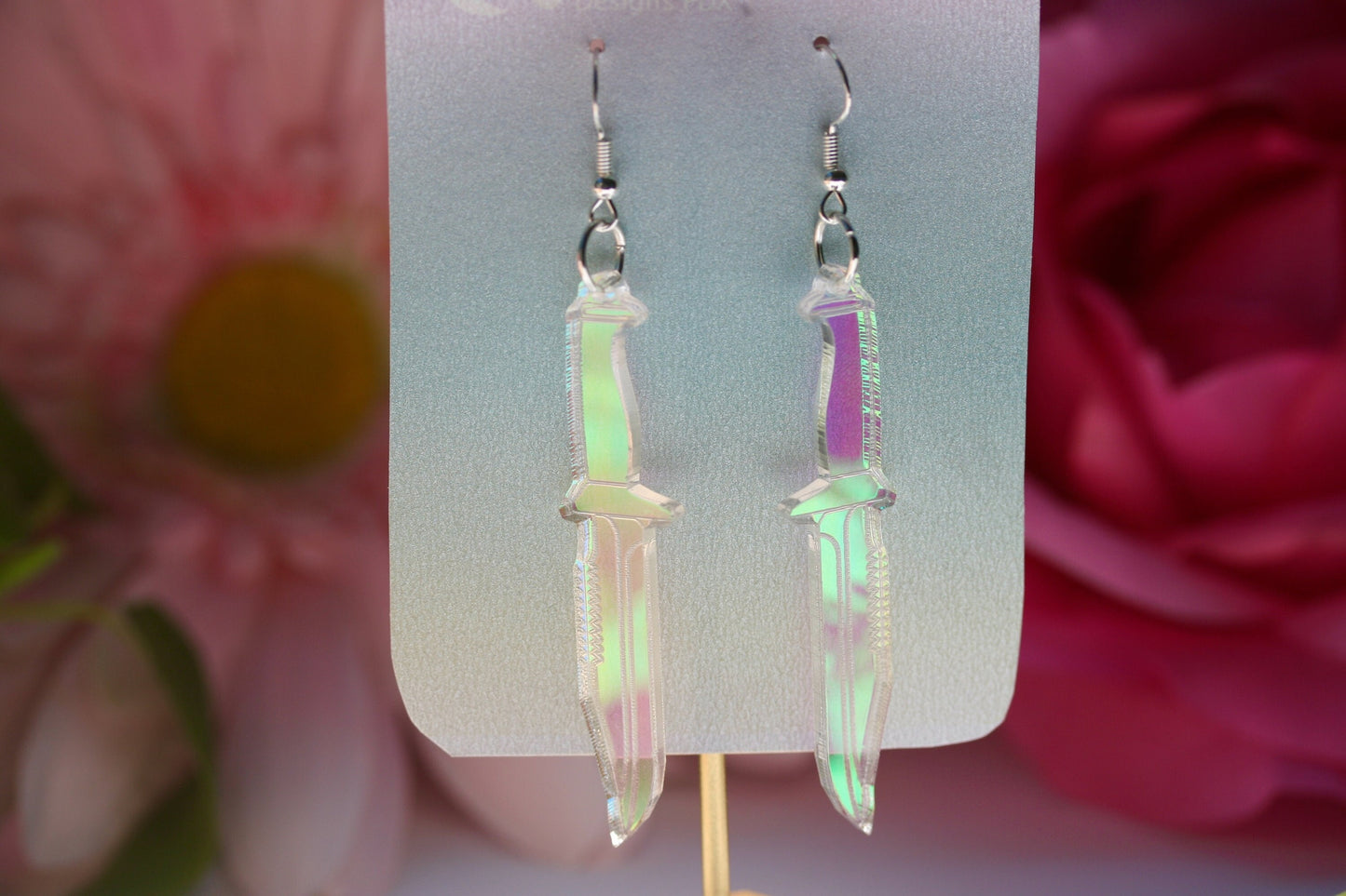 Knife Earrings - Dagger Weapon Sword Iridescent Holographic Tool Cutter Reflective Dangle Goth Fantasy Rainbow Lasercut