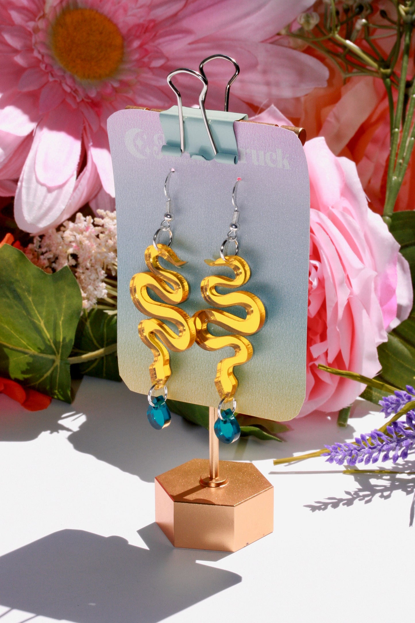 Snake Earrings - Reflective Pink Teal Green Yellow Star Sunburst Tropical Witchy Goth Seapunk Serpent Reptile Festival Rave Sterling Silver