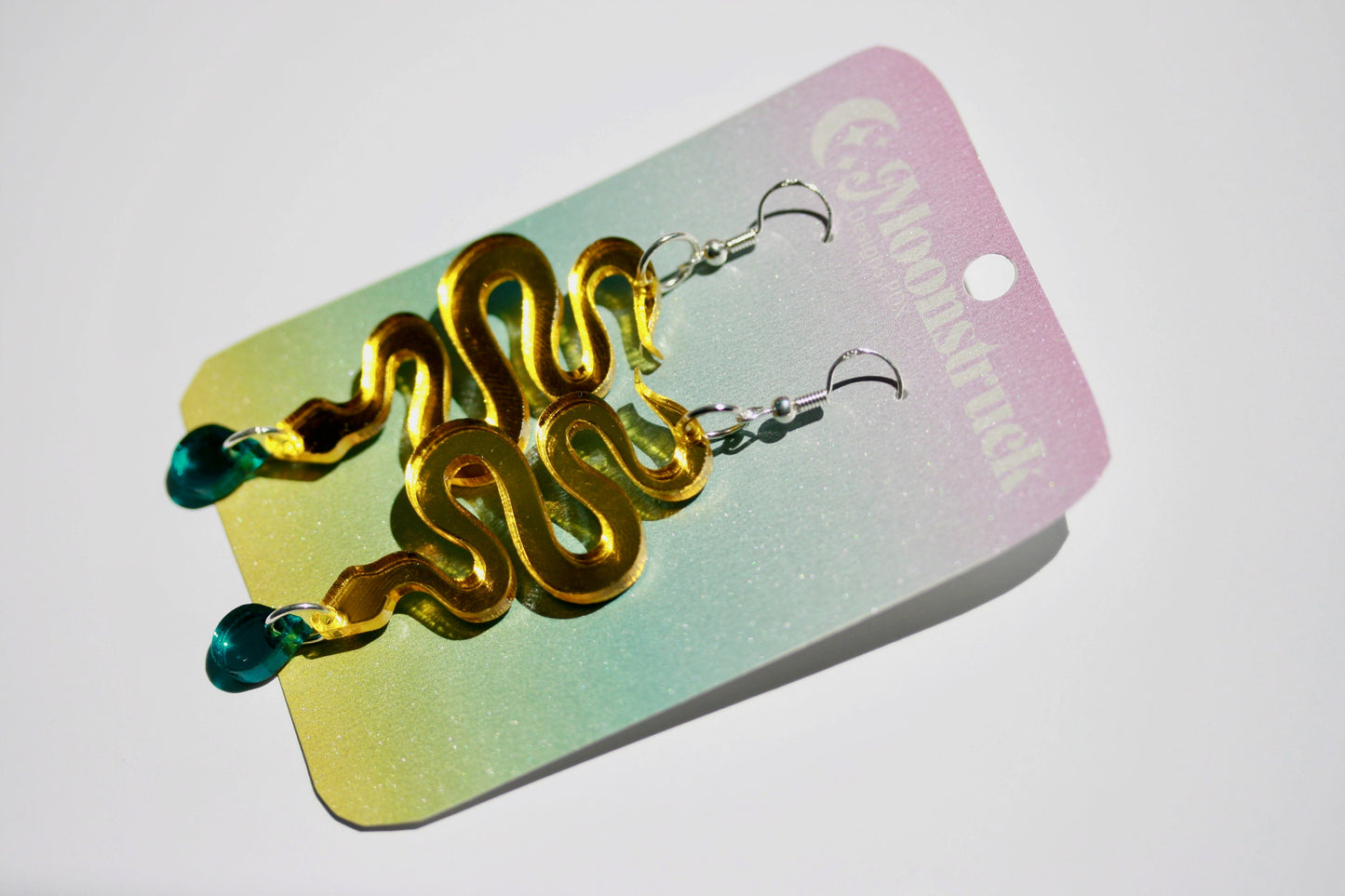 Snake Earrings - Reflective Pink Teal Green Yellow Star Sunburst Tropical Witchy Goth Seapunk Serpent Reptile Festival Rave Sterling Silver