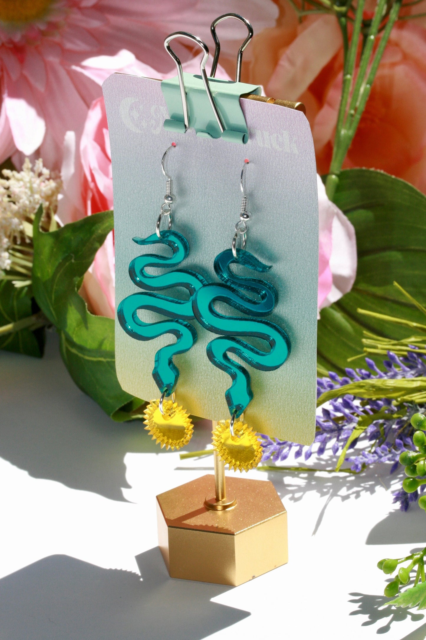 Snake Earrings - Reflective Pink Teal Green Yellow Star Sunburst Tropical Witchy Goth Seapunk Serpent Reptile Festival Rave Sterling Silver