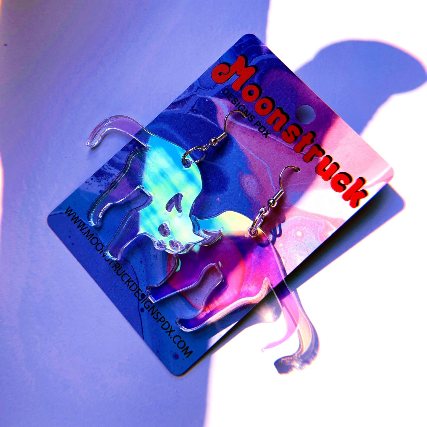 Cat Earrings - Halloween Iridescent Mirrored Spooky Hallows Eve Undead Lightweight Hypoallergenic Reflective Mirrored Rave Festival Party Witch Kitty