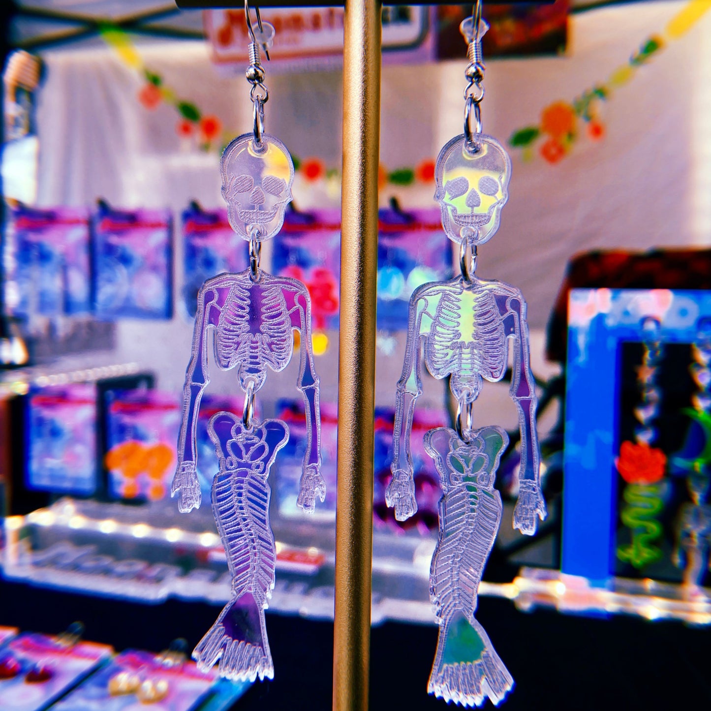 Mermaid Skeleton Earrings - Halloween Iridescent Mirrored Spooky Hallows Eve Mer Skull Undead Lightweight Hypoallergenic Reflective Mirrored Rave Festival Party Wear