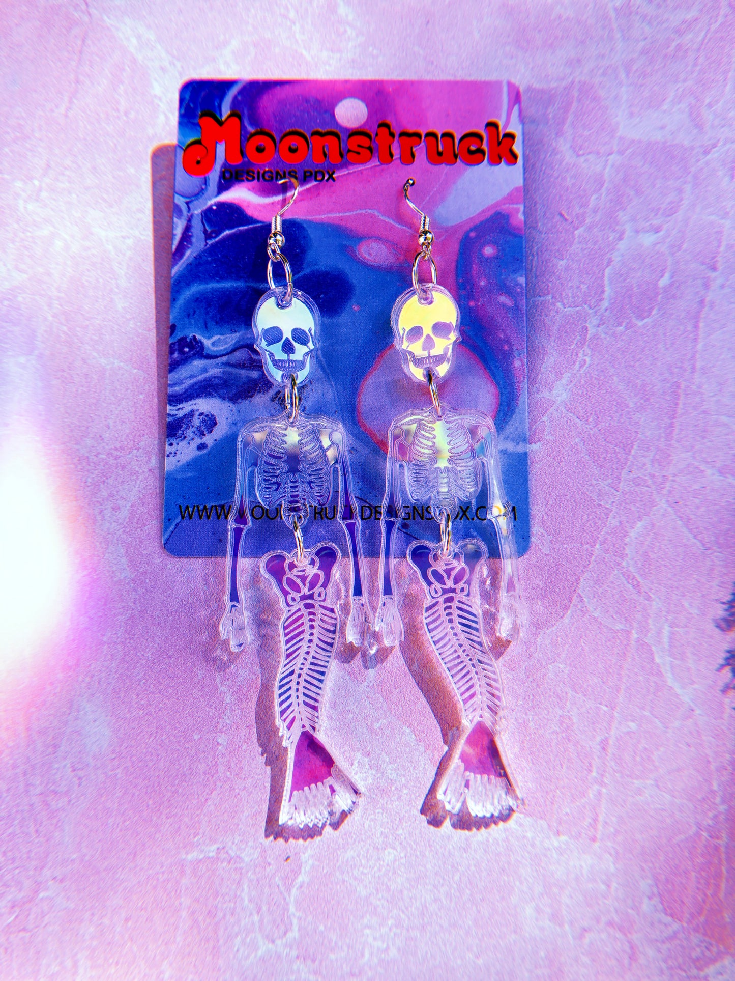 Mermaid Skeleton Earrings - Halloween Iridescent Mirrored Spooky Hallows Eve Mer Skull Undead Lightweight Hypoallergenic Reflective Mirrored Rave Festival Party Wear