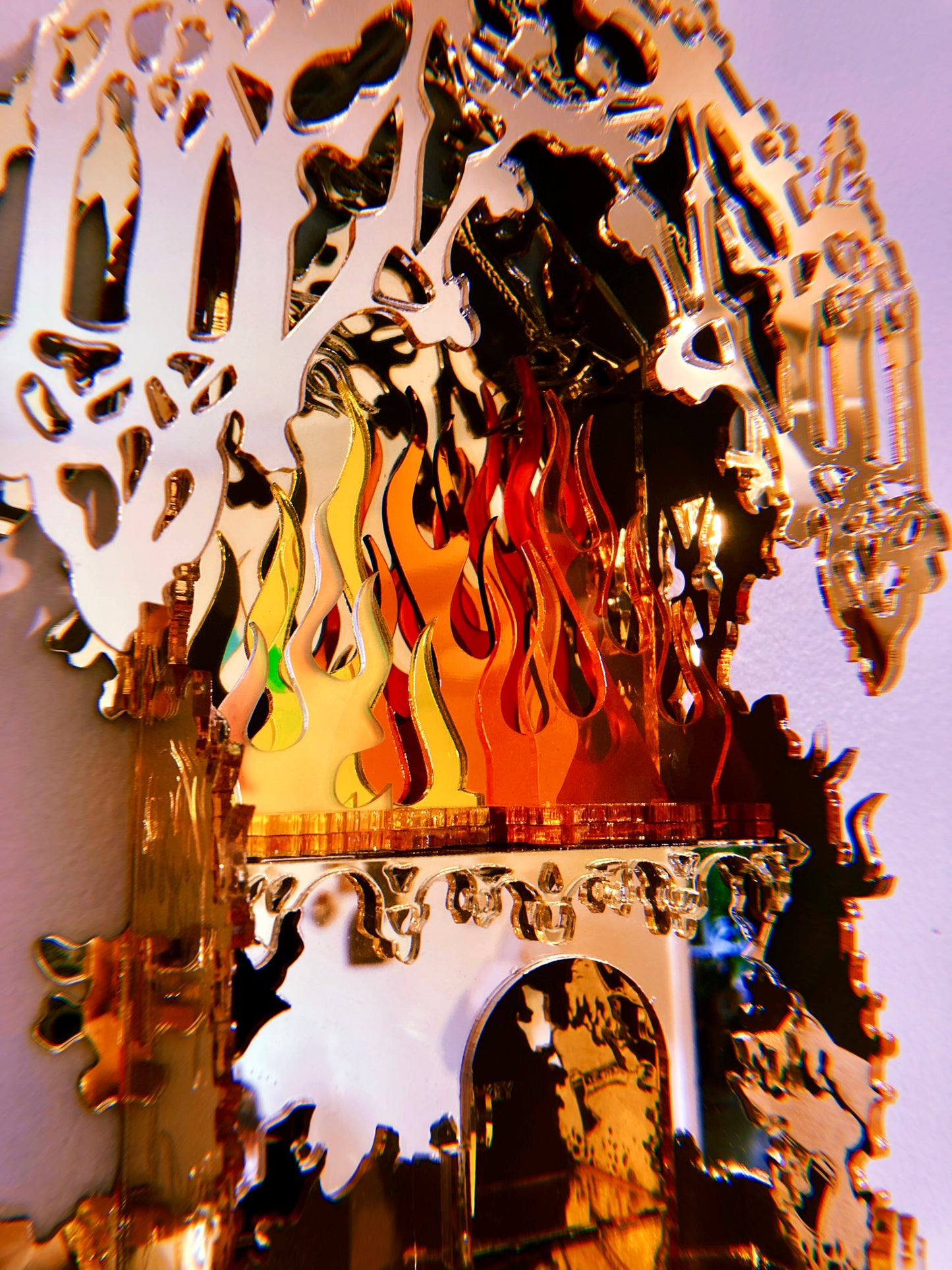 Mirrored Reflective Iridescent Flame Shrine Temple Wall Hanging- Home Decor OOAK