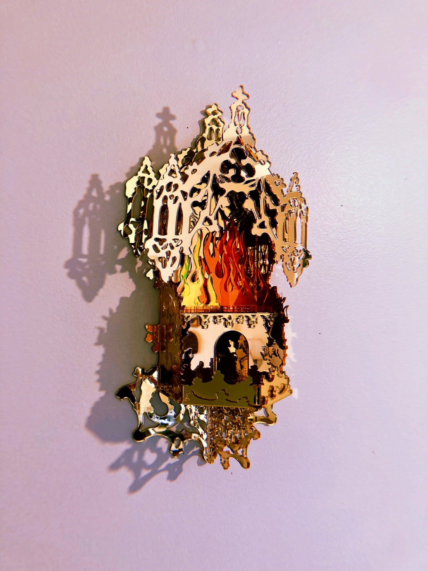 Mirrored Reflective Iridescent Flame Shrine Temple Wall Hanging- Home Decor OOAK