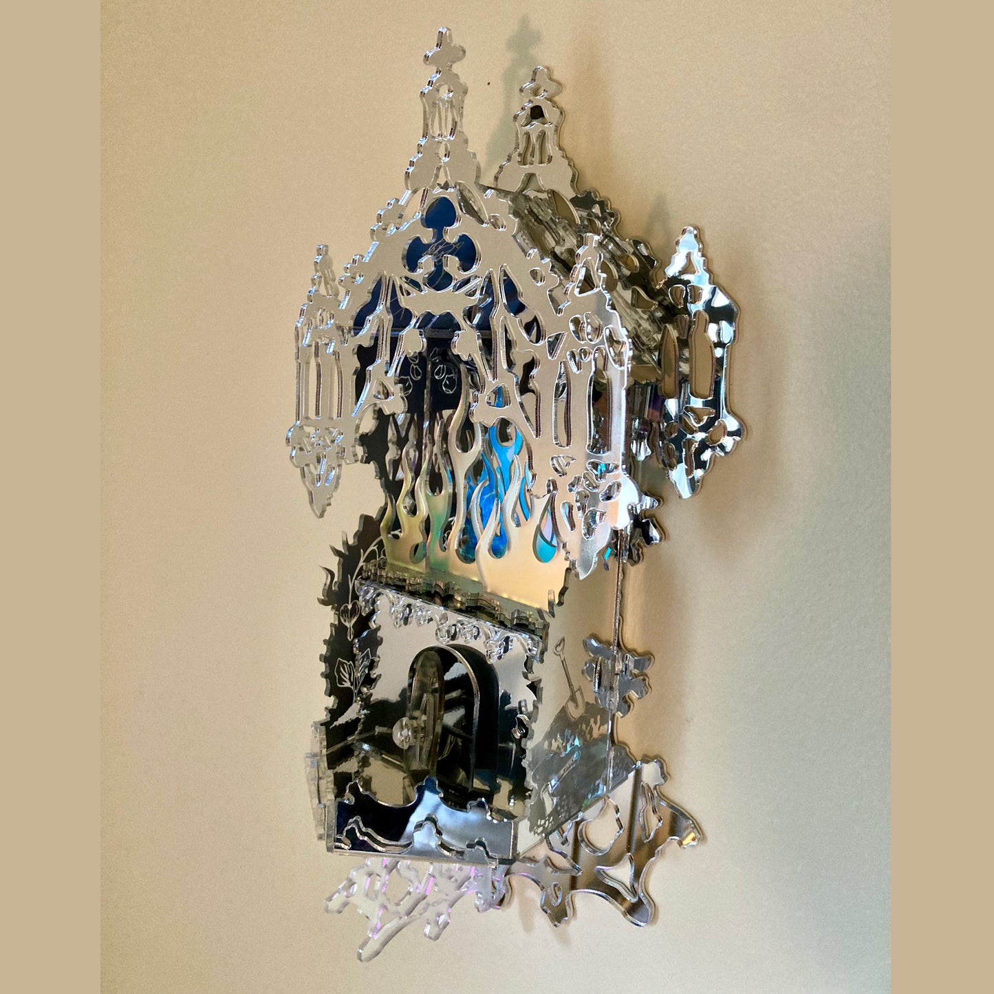 Mirrored Reflective Iridescent Flame Shrine Temple Wall Hanging- Home Decor OOAK