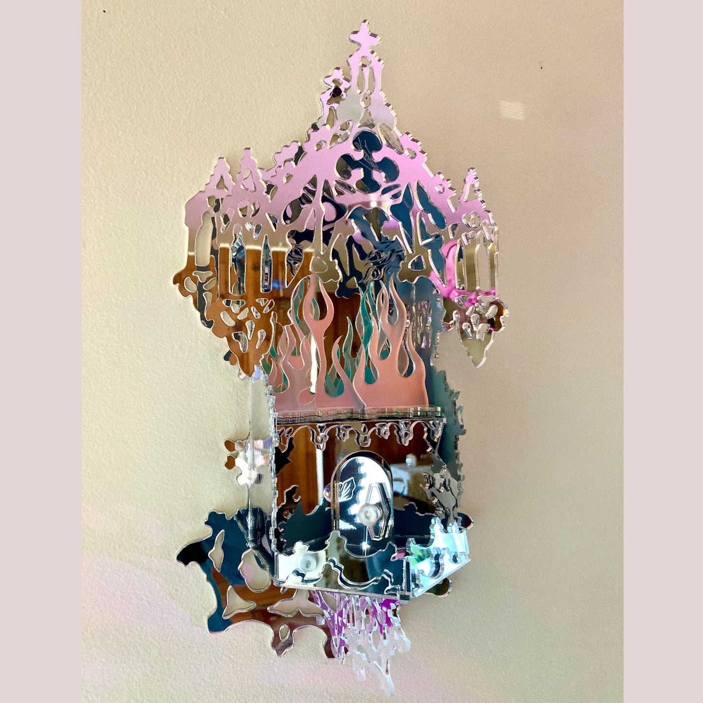 Mirrored Reflective Iridescent Flame Shrine Temple Wall Hanging- Home Decor OOAK