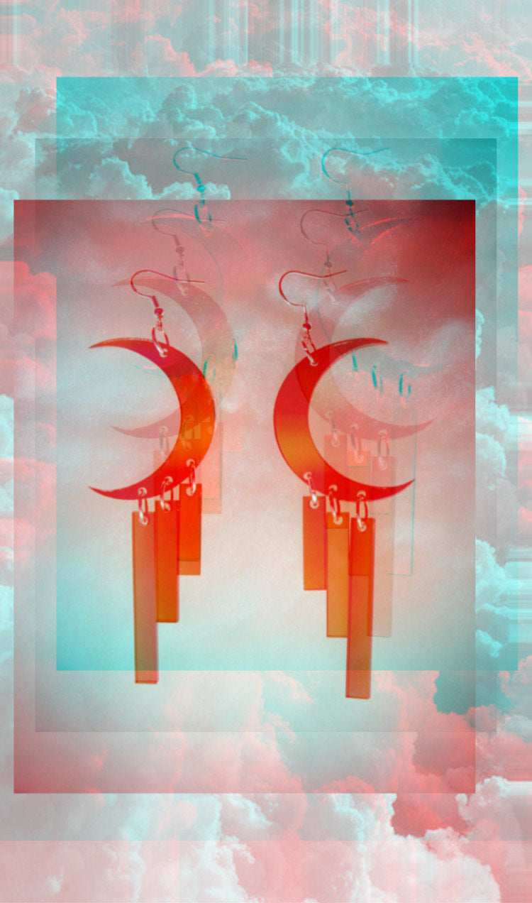Crescent Moon Fringe Earrings- Ombre Red Orange Mystical Celestial