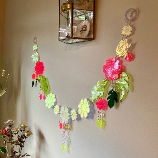 Floral Chain- Wall Hanging Garland Window Ornament Home Decor Whimsical Rainbow Flowers Neon Sparkle Dopamine