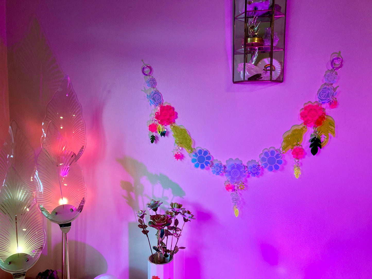 Floral Chain- Wall Hanging Garland Window Ornament Home Decor Whimsical Rainbow Flowers Neon Sparkle Dopamine