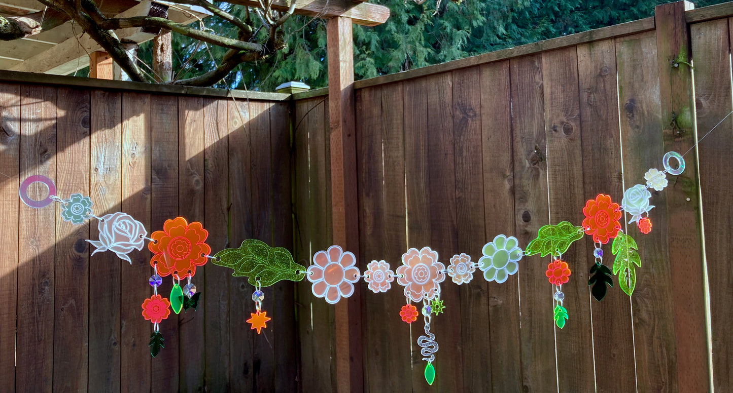 Floral Chain- Wall Hanging Garland Window Ornament Home Decor Whimsical Rainbow Flowers Neon Sparkle Dopamine