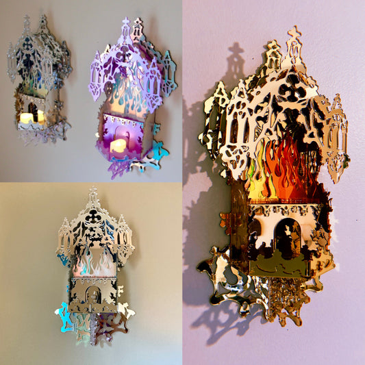 Mirrored Reflective Iridescent Flame Shrine Temple Wall Hanging- Home Decor OOAK