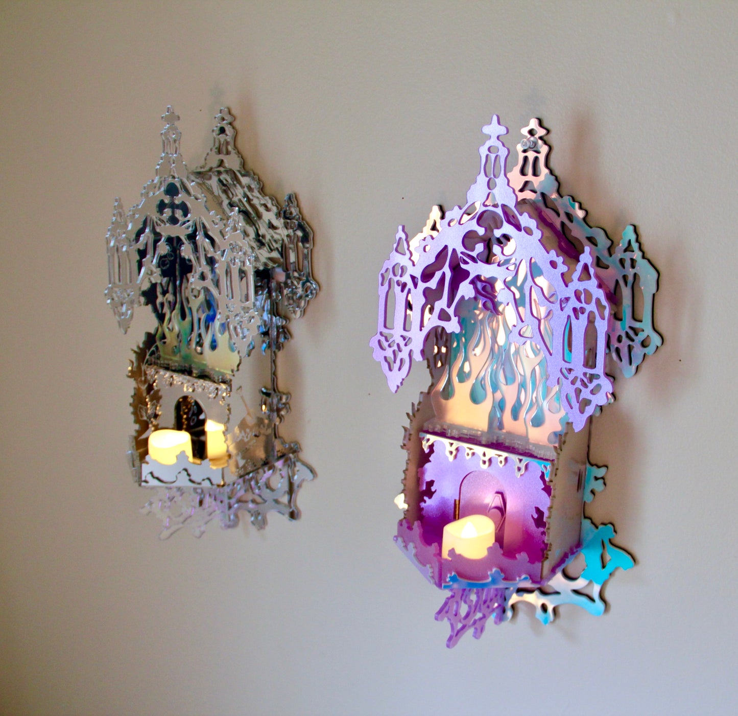 Mirrored Reflective Iridescent Flame Shrine Temple Wall Hanging- Home Decor OOAK