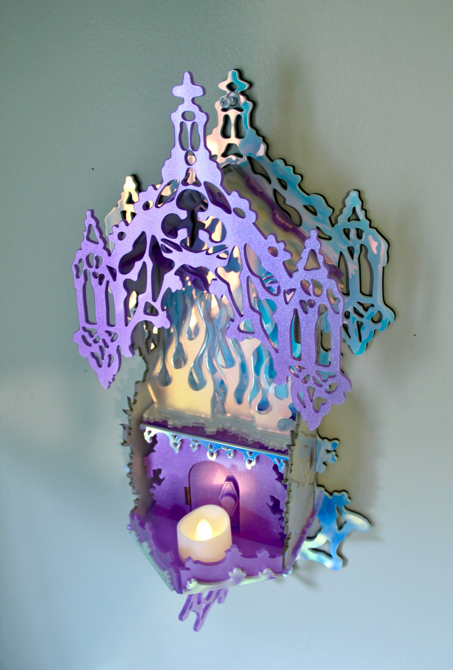 Mirrored Reflective Iridescent Flame Shrine Temple Wall Hanging- Home Decor OOAK