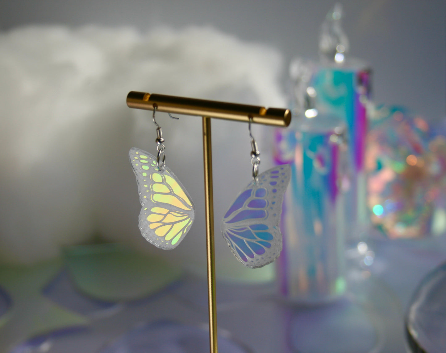 Wholesale- Butterfly Wing Earrings- Iridescent Reflective Black Lightweight Witchy Flutter Gardener Caterpillar Insect Monarch