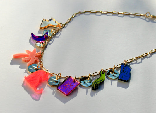 Tropical Charm Necklace - Gold Paper Clip Chain Reflective OOAK One of a Kind Detailed