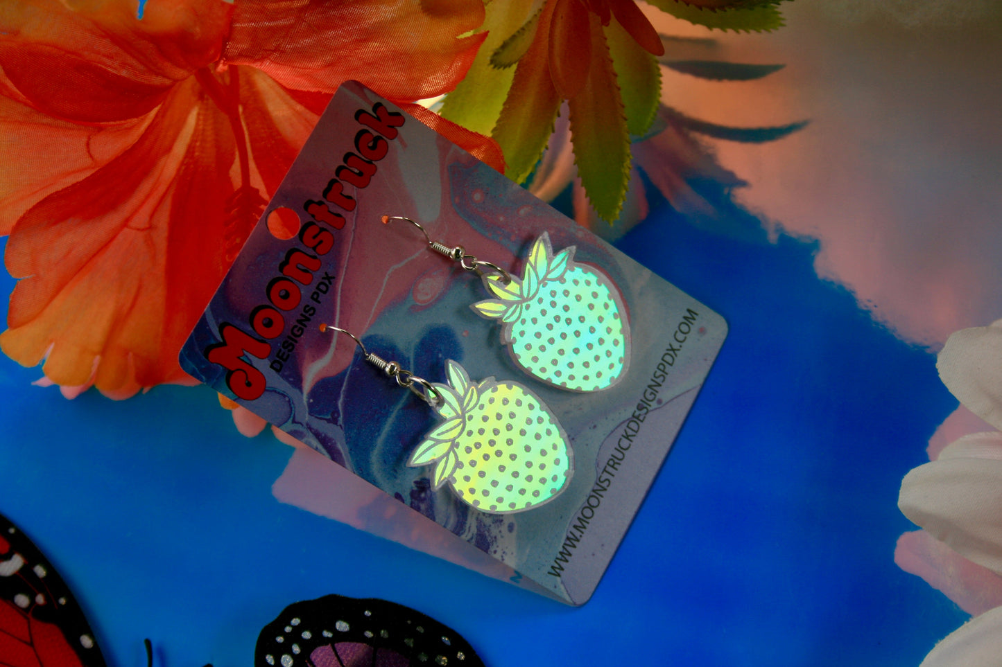 Wholesale- Strawberry Earrings- Iridescent Reflective Lightweight Witchy Fruit Summer Garden Juicy Kawaii
