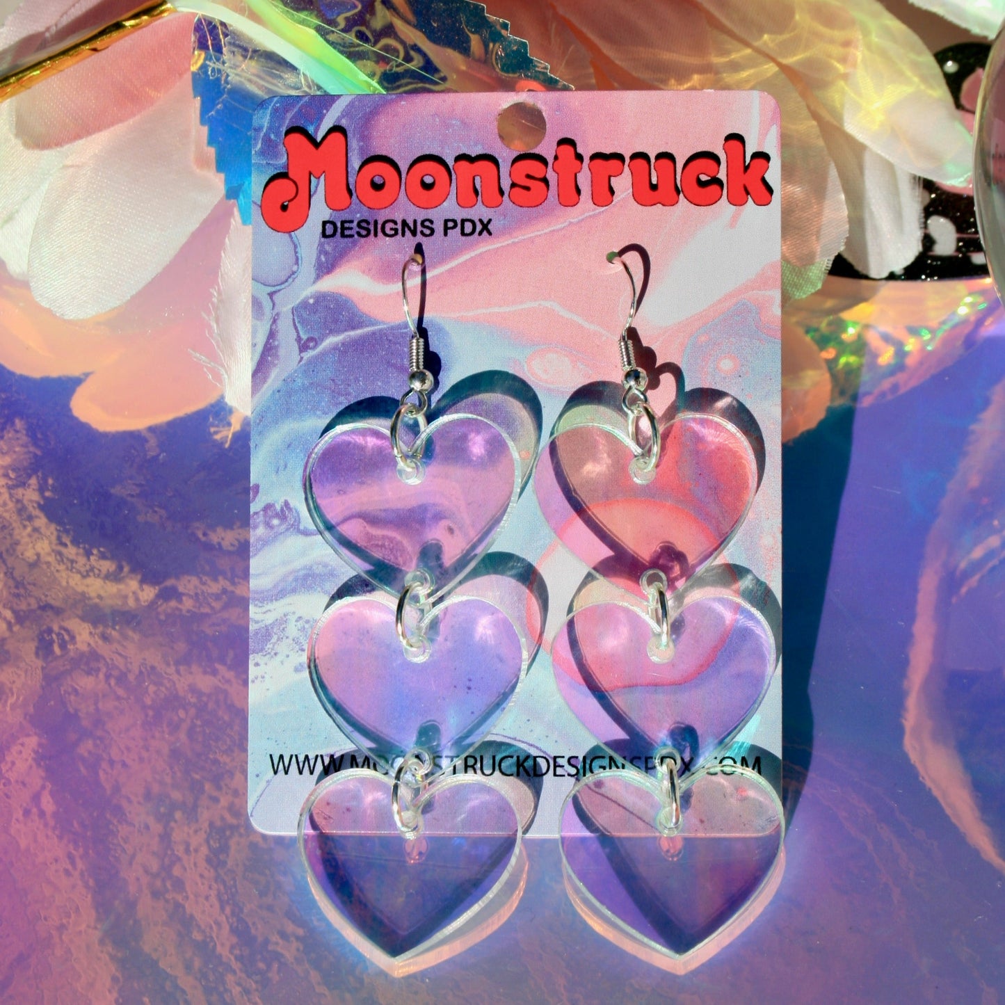 Triple Heart Neon Pink Iridescent Earrings