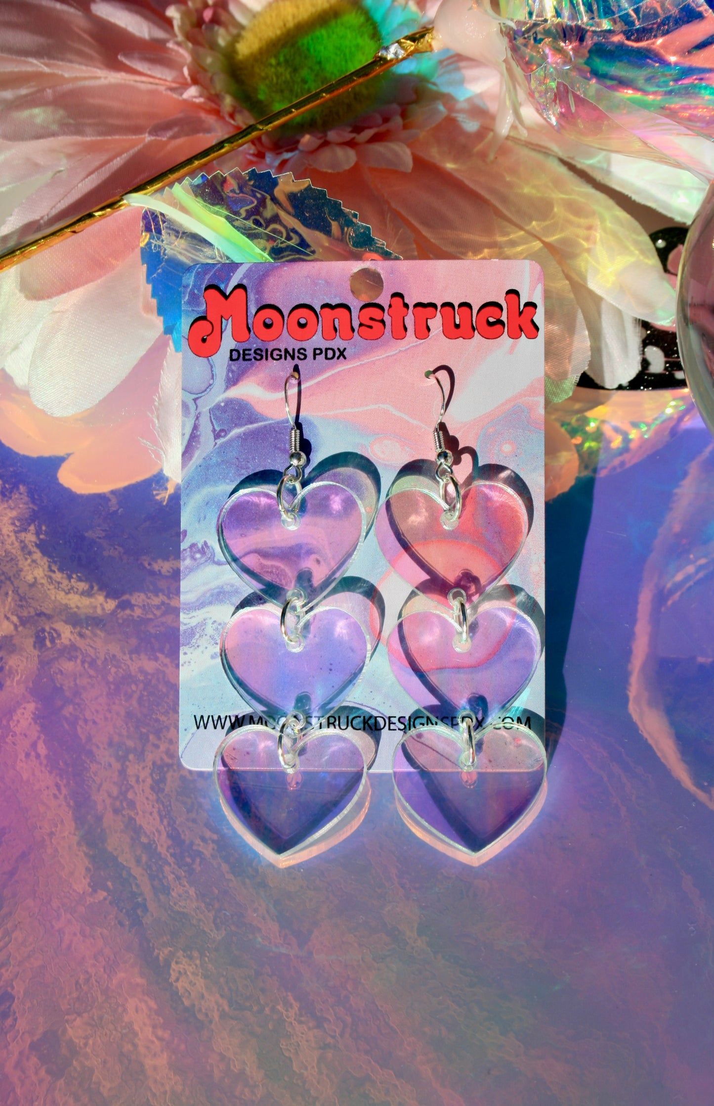 Triple Heart Neon Pink Iridescent Earrings