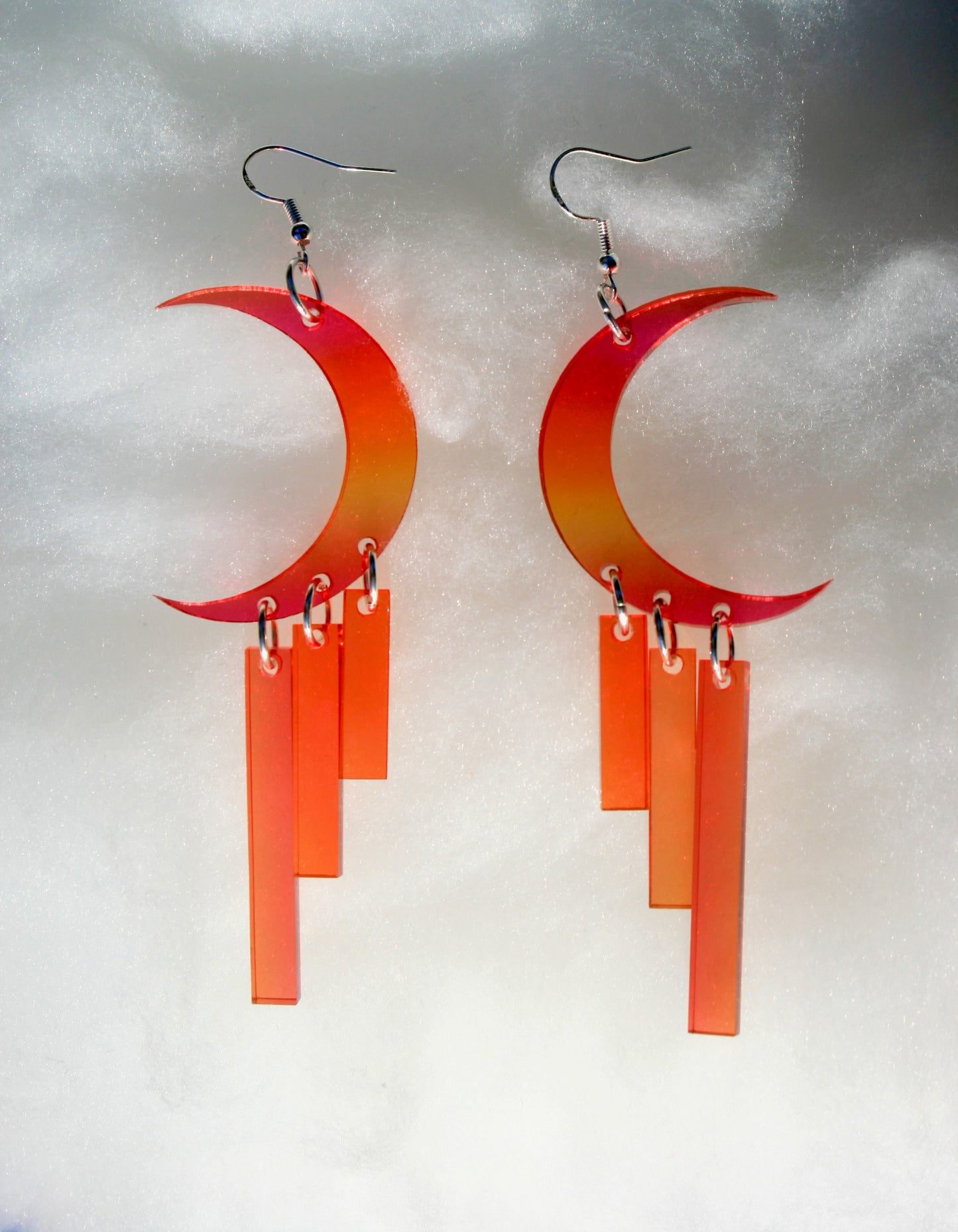 Crescent Moon Fringe Earrings- Ombre Red Orange Mystical Celestial