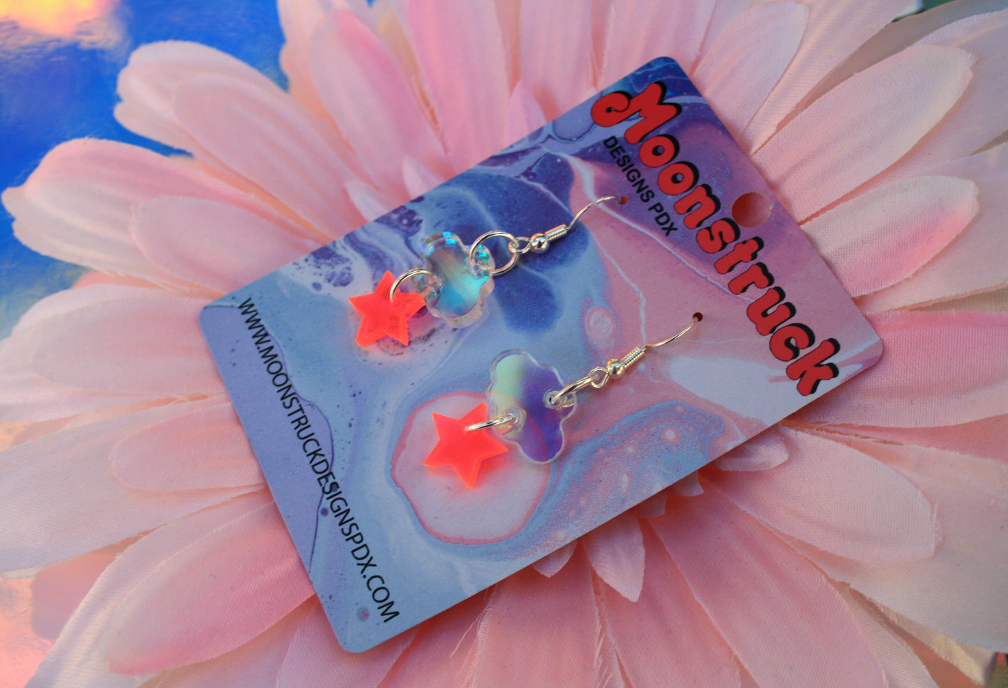 Cloud & Star Dangle Earrings- Iridescent Pink Cute Kawaii Petite