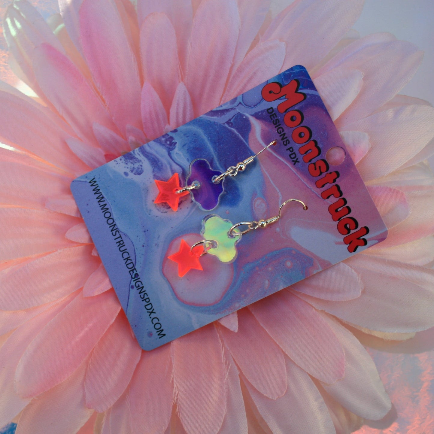 Wholesale- Cloud & Star Dangle Earrings- Iridescent Pink Cute Kawaii Petite