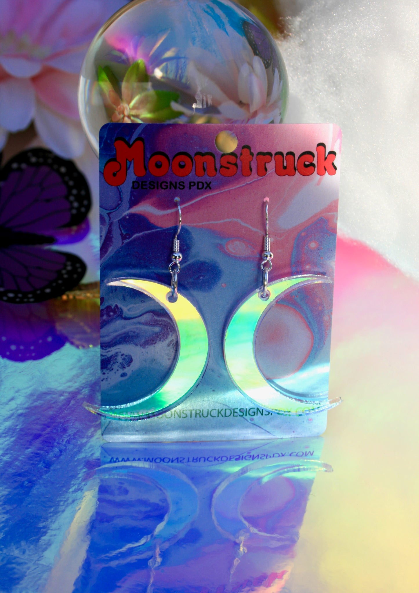 Moon Earrings- Crescent Luna Lunar Celestial Planet Wiccan Witchy Goth Lasercut Holo Mirrored Iridescent Rave Reflective Rainbow