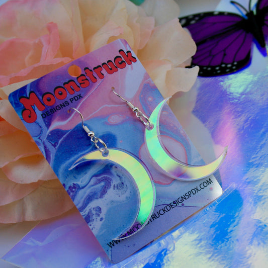 Moon Earrings- Crescent Luna Lunar Celestial Planet Wiccan Witchy Goth Lasercut Holo Mirrored Iridescent Rave Reflective Rainbow