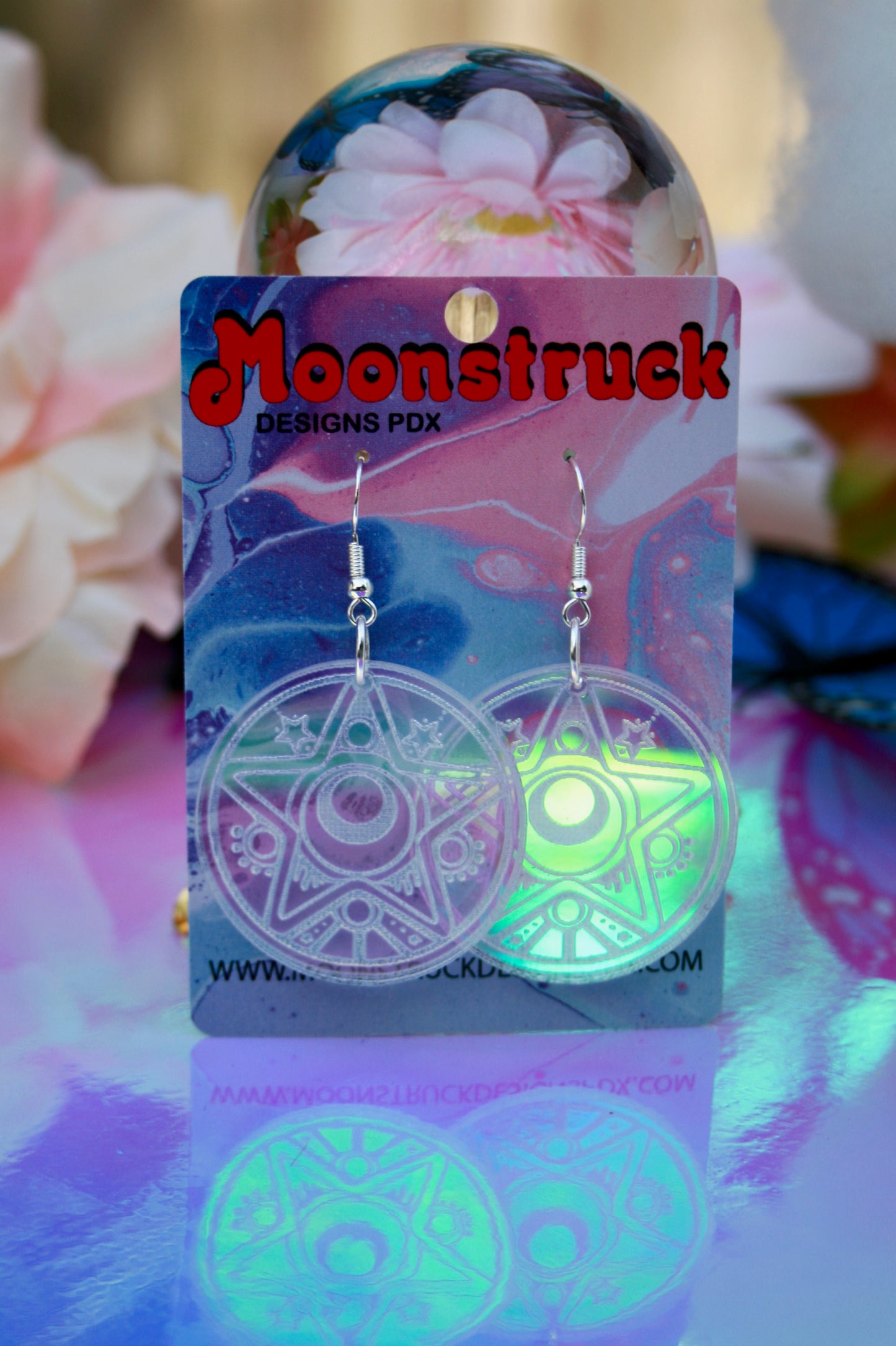 Iridescent Round Pentagram Occult Witchy Pastel Goth 70s Witchy Glam Star Earrings
