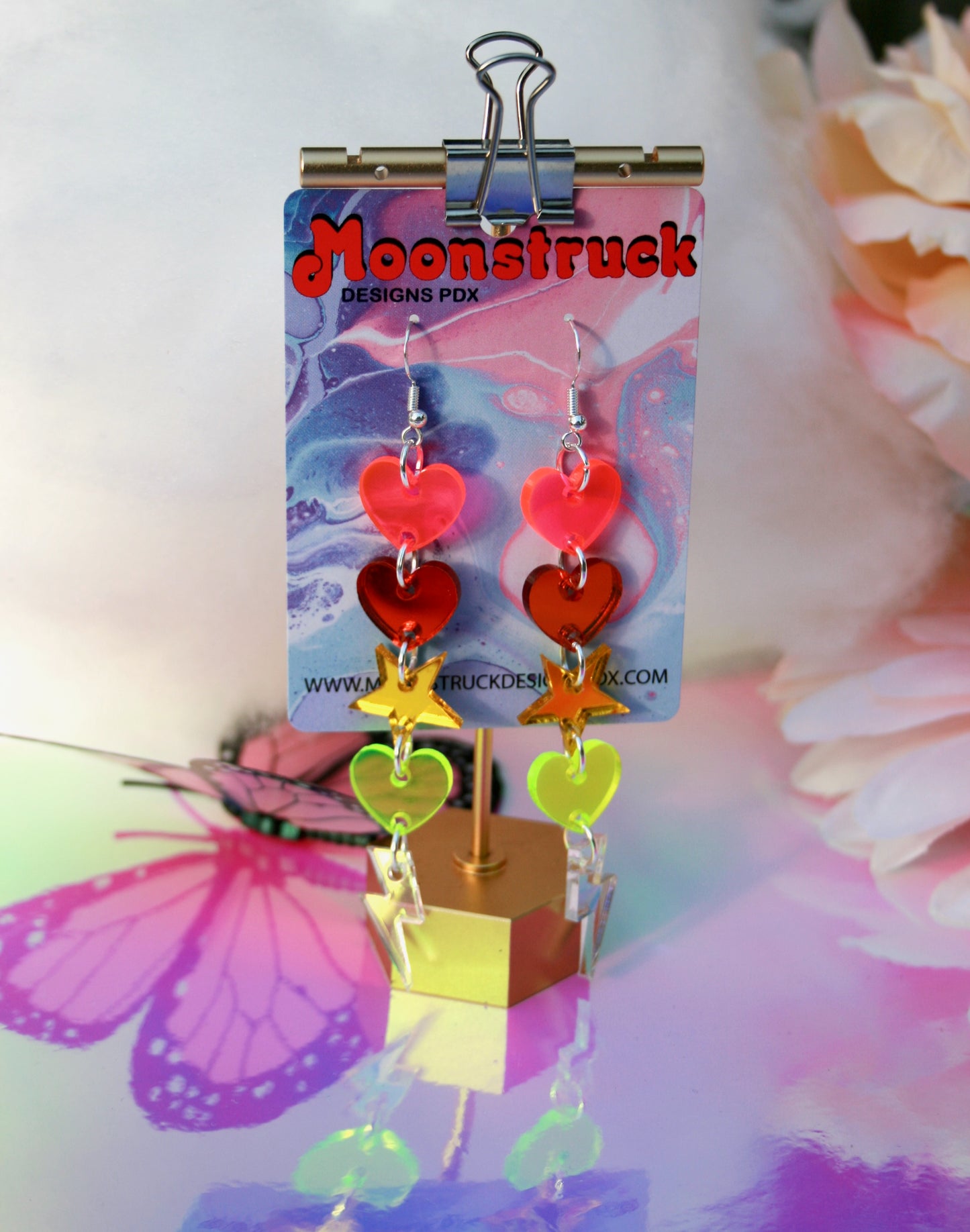 Heart Lightning Bolt Star Rainbow Dangle Iridescent Earrings