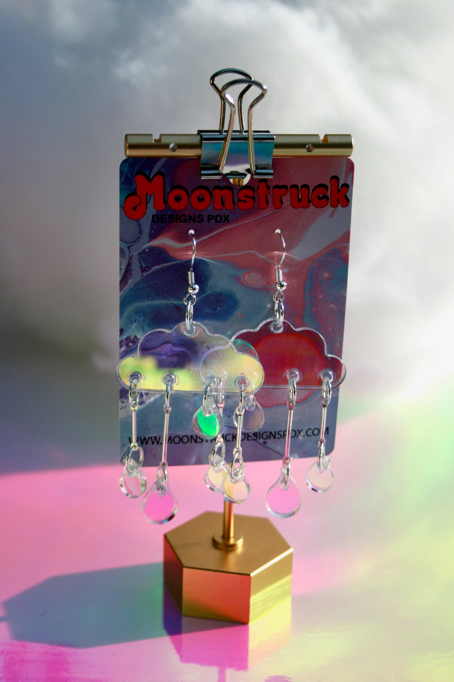 Cloud Earrings- Sky Celestial Earth Cosmic Solar Raindrops Storm Weather Holo Emoji Lasercut Iridescent Reflective Rainbow Dangle Earrings