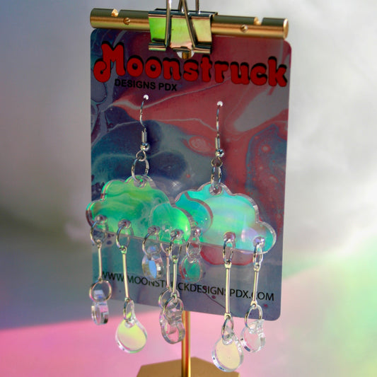 Cloud Earrings- Sky Celestial Earth Cosmic Solar Raindrops Storm Weather Holo Emoji Lasercut Iridescent Reflective Rainbow Dangle Earrings