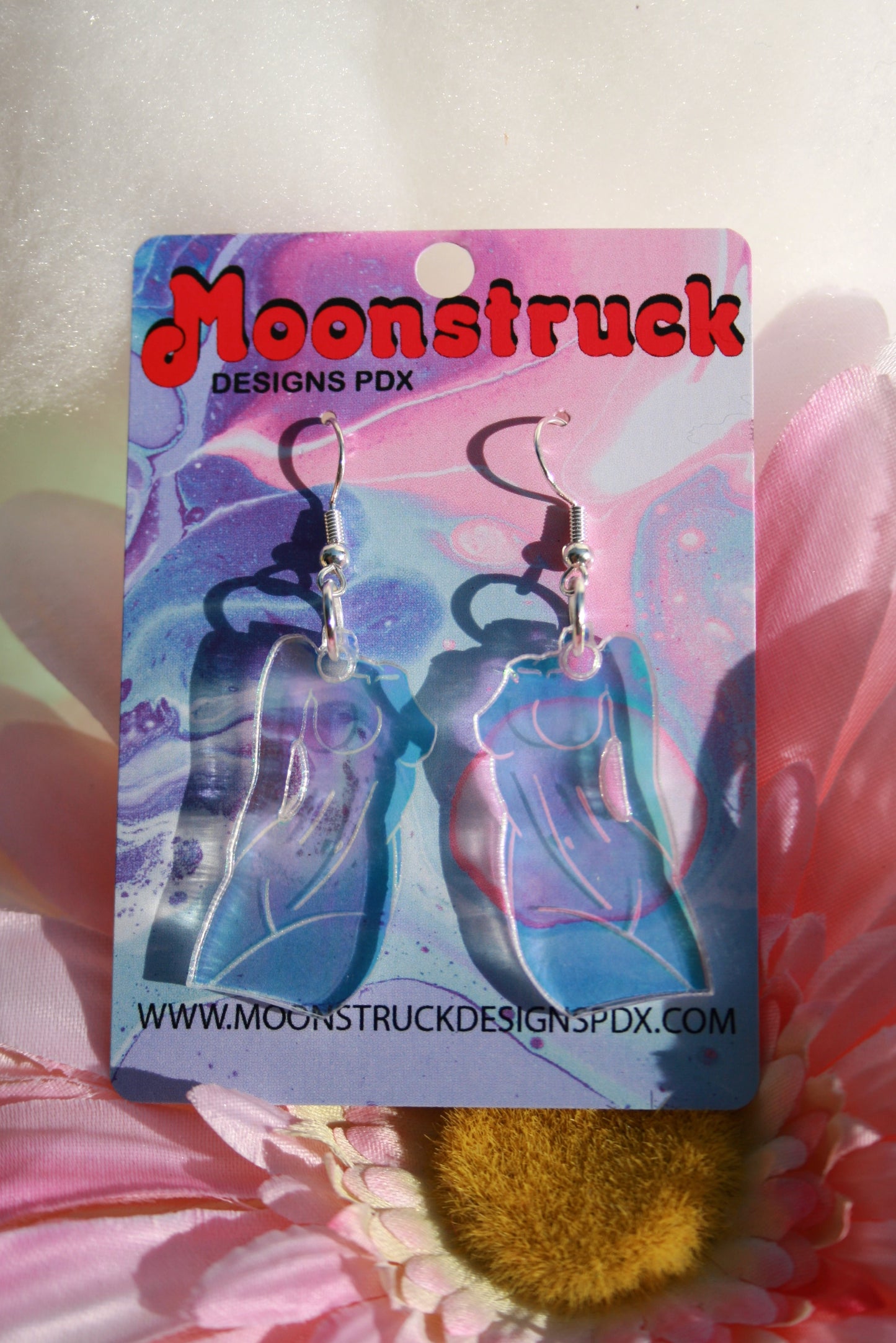 Pink Iridescence Reflective Holographic Femme Fatale Female Feminine Body Art Form Sculpture Earrings