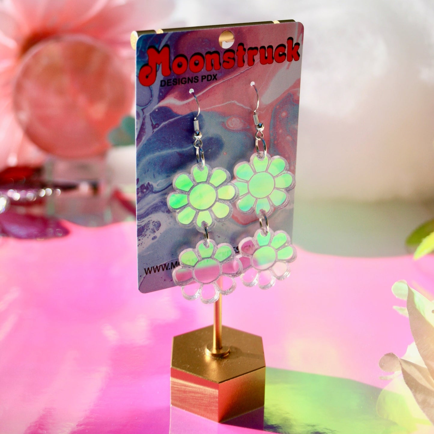 Double Daisy Earrings - Retro Groovy 70s Flower Bloom Blossom Plant Color Shift Jewelry Dangle Acrylic Holo Iridescent Rainbow Reflective