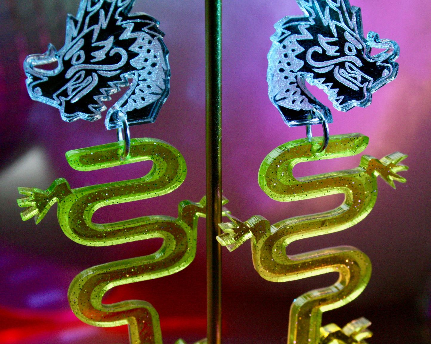 Wholesale- Dragon Earrings- Sparkly Green Silver Reflective Lightweight Reptile Lizard Fantasy