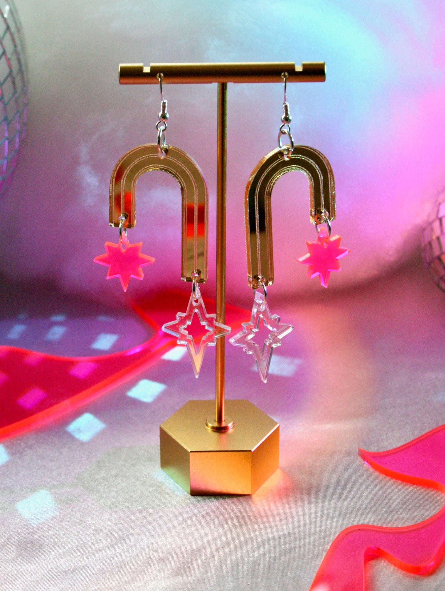 Art Deco Archway Earrings- Gold Hot Pink Iridescent Reflective Portal Statement
