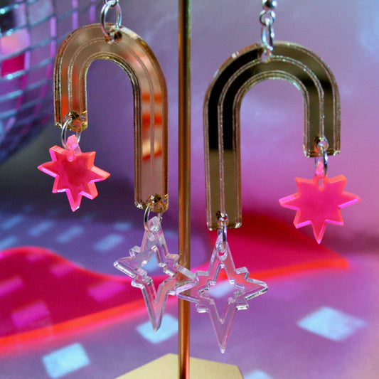 Art Deco Archway Earrings- Gold Hot Pink Iridescent Reflective Portal Statement
