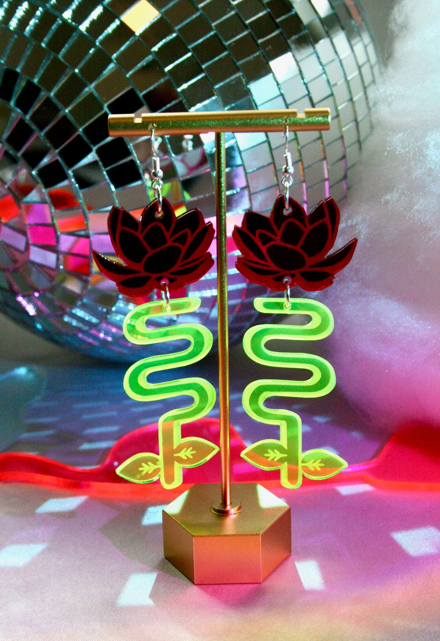Lotus Blossom Earrings- Sparkly Green Red Pink Reflective Lightweight Neon Statement
