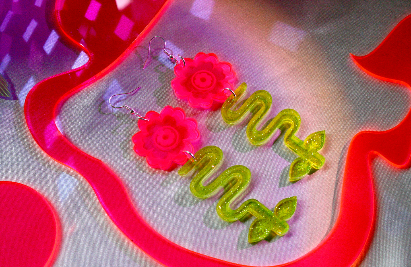Flower Blossom Earrings- Neon Sparkly Green Pink Unique Art Deco