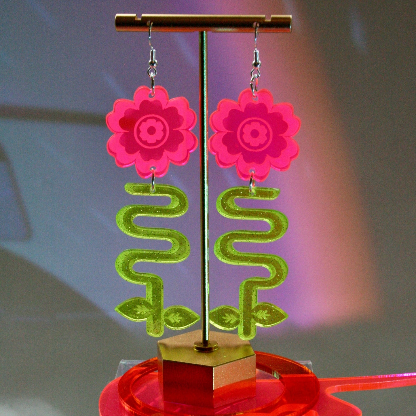 Flower Blossom Earrings- Neon Sparkly Green Pink Unique Art Deco