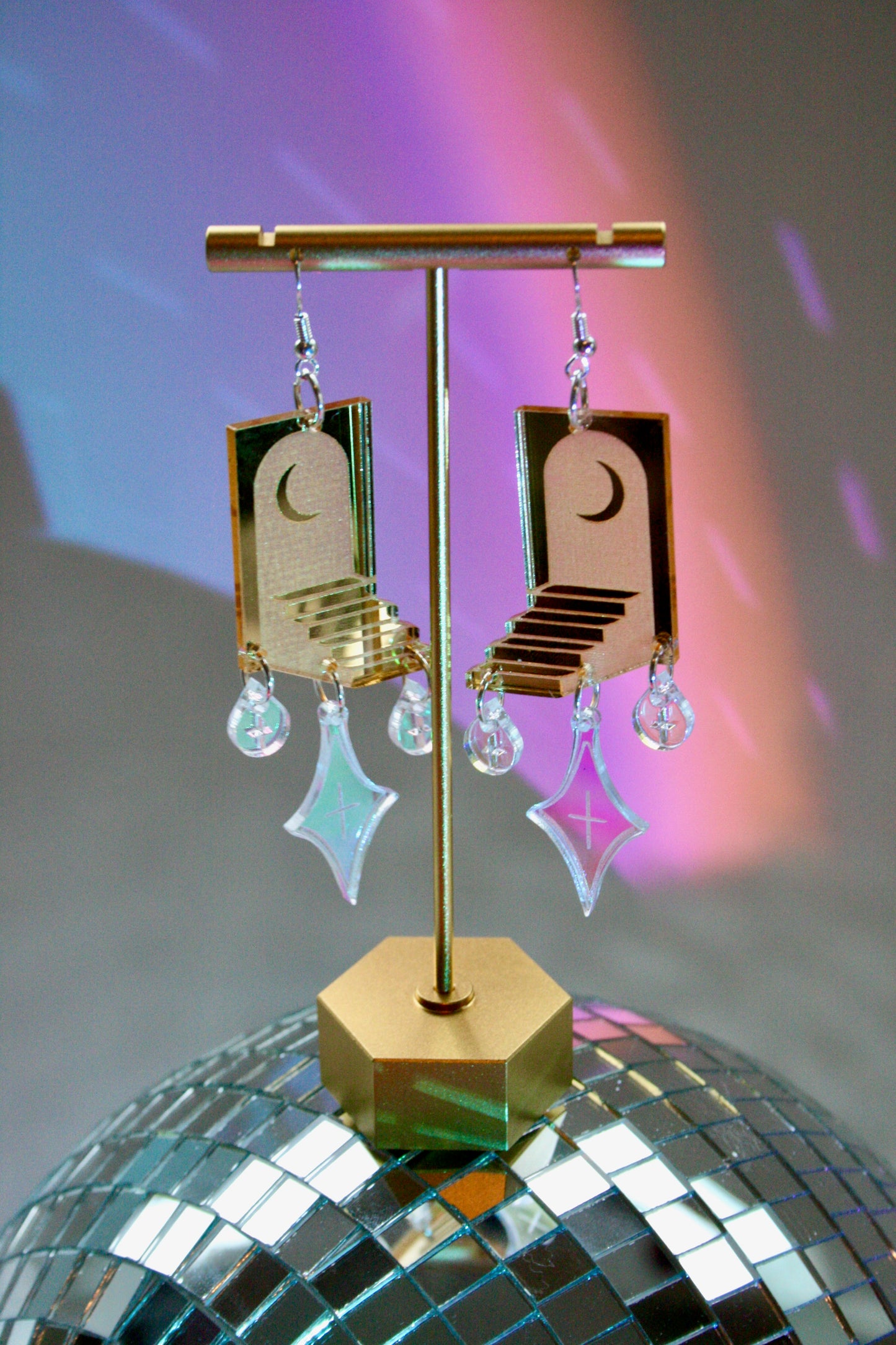 Portal Earrings- Gold Iridescent Moon Witchy Staircase Optical Illusion