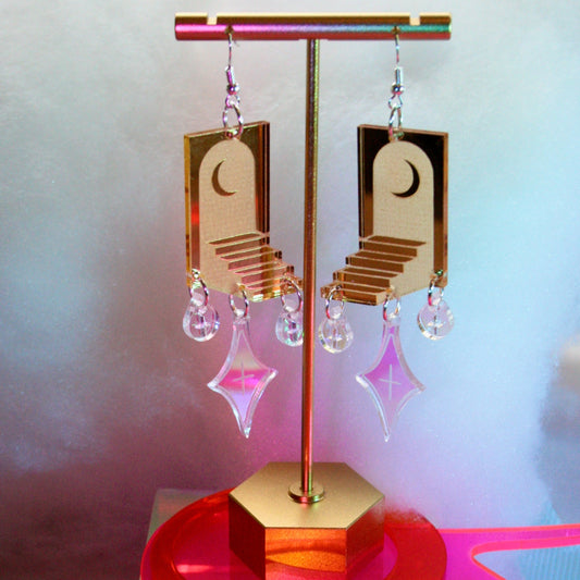 Portal Earrings- Gold Iridescent Moon Witchy Staircase Optical Illusion