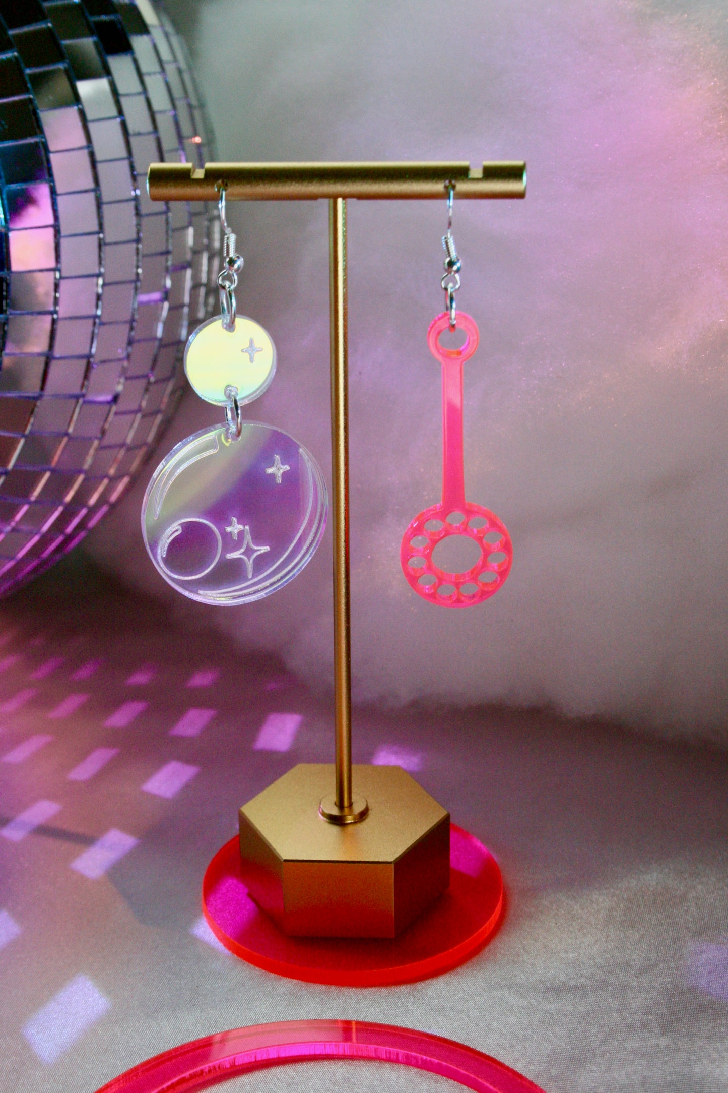 Bubble Wand Earrings- Iridescent Hot Pink Kawaii Sweet Lightweight Valentines