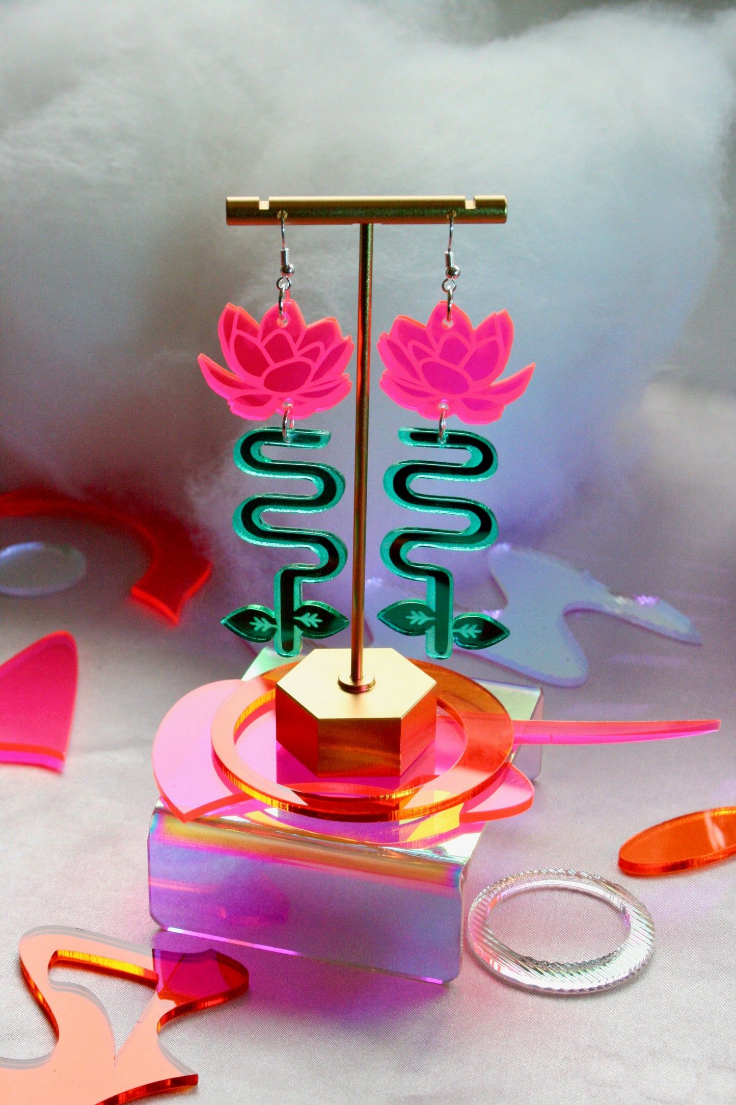Lotus Blossom Earrings- Sparkly Green Red Pink Reflective Lightweight Neon Statement