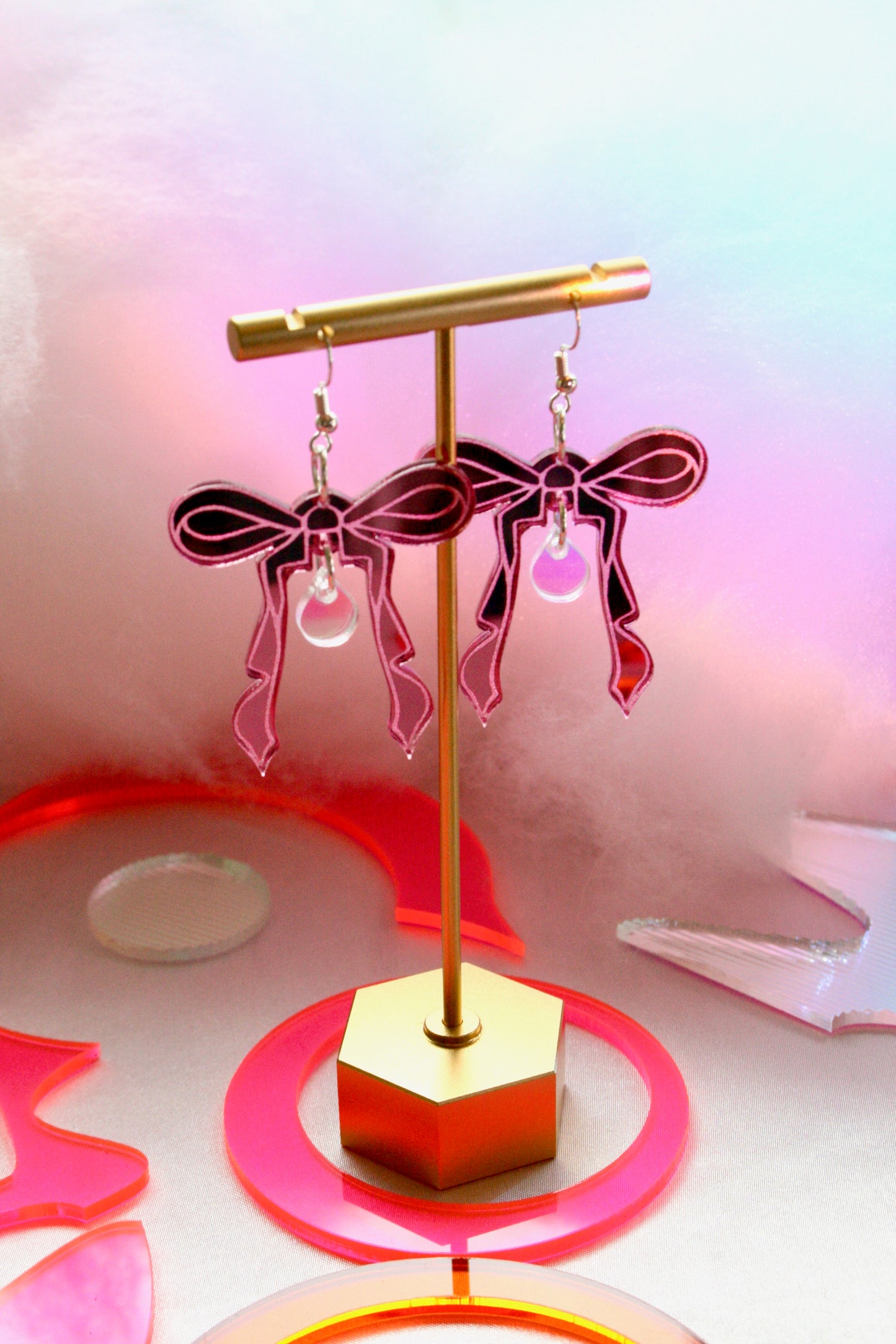 Pink Bow Earrings- Reflective Kawaii Sweet Teardrop Lightweight Valentines