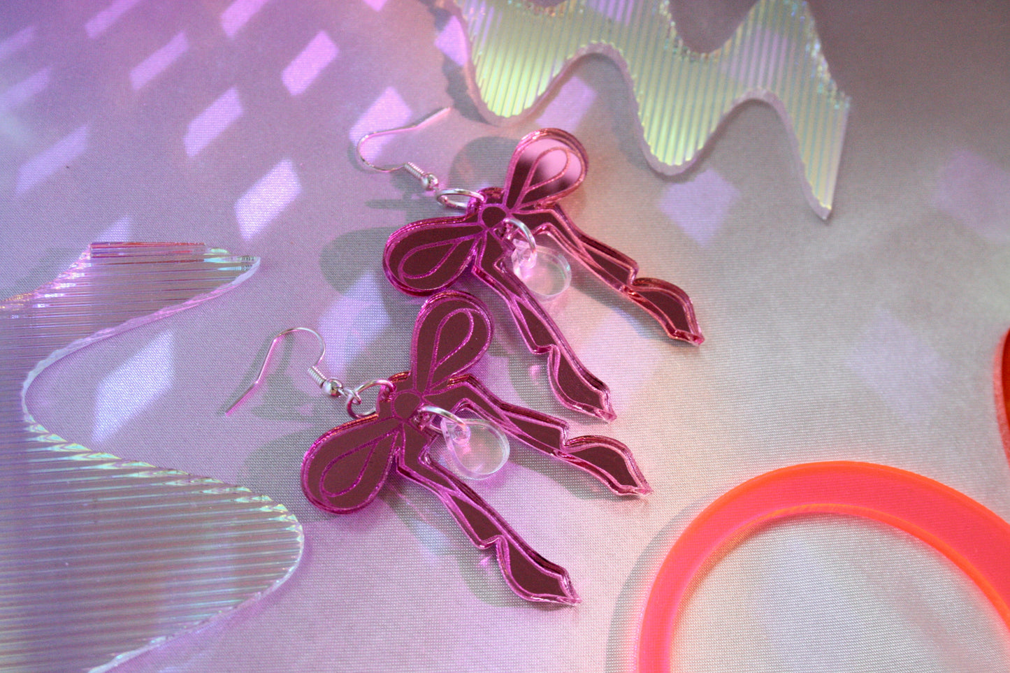 Pink Bow Earrings- Reflective Kawaii Sweet Teardrop Lightweight Valentines